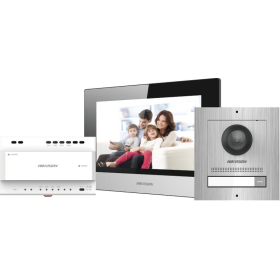 Kit videointercom IP Hikvision DS-KIS702/S, contine: DS-KD8003- IME2/Surface ×1, DS-KH6320-WTE2 ×1, DS-KAD704 ×1, DS-KAW30-2N ×1